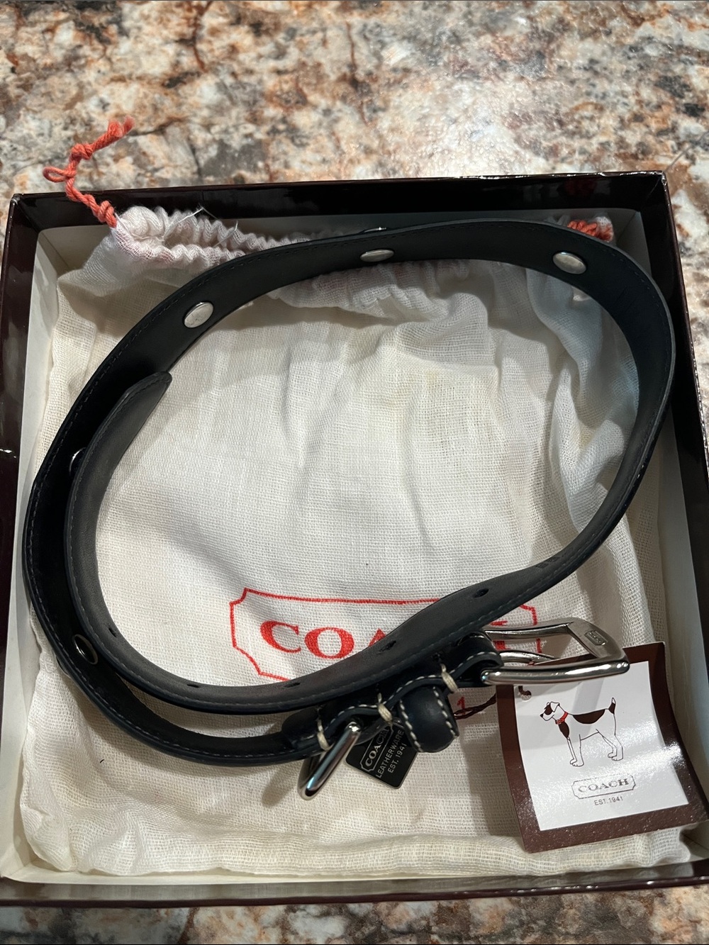 Coach Black Leather Dog Collar with Silver-Tone Buckle and Studs